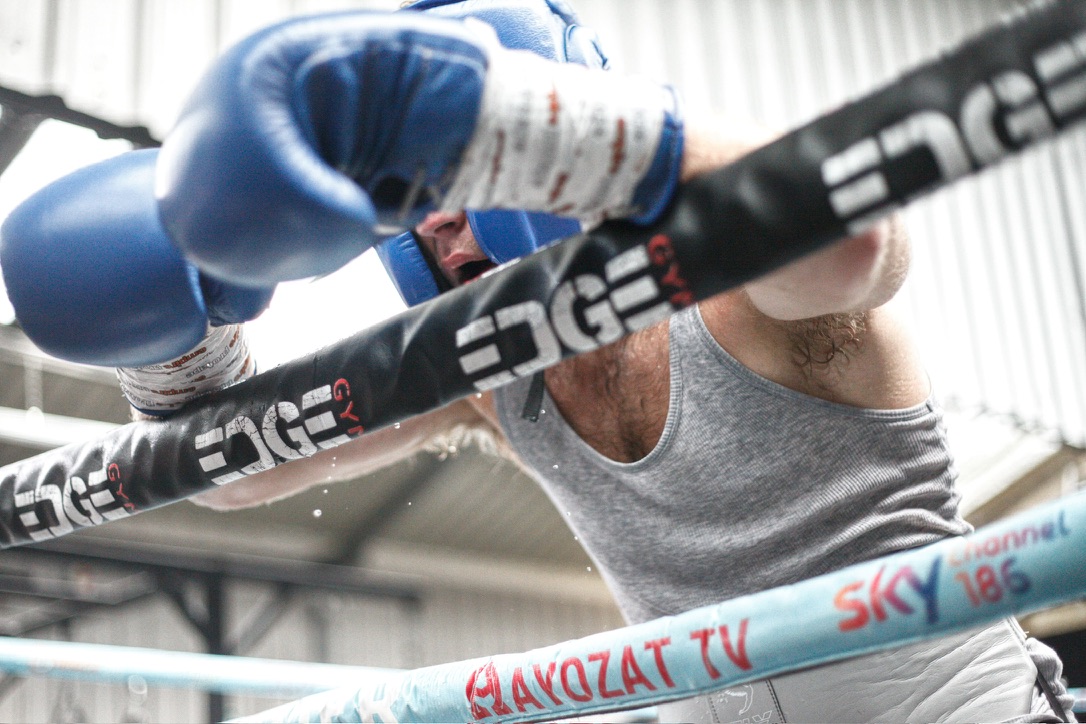 Close view of a boxer in blue gloves leaning over ring ropes.